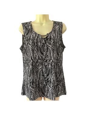 Tahari Black and White Print Slinky Knit Top Blouse Woman Size Large Career